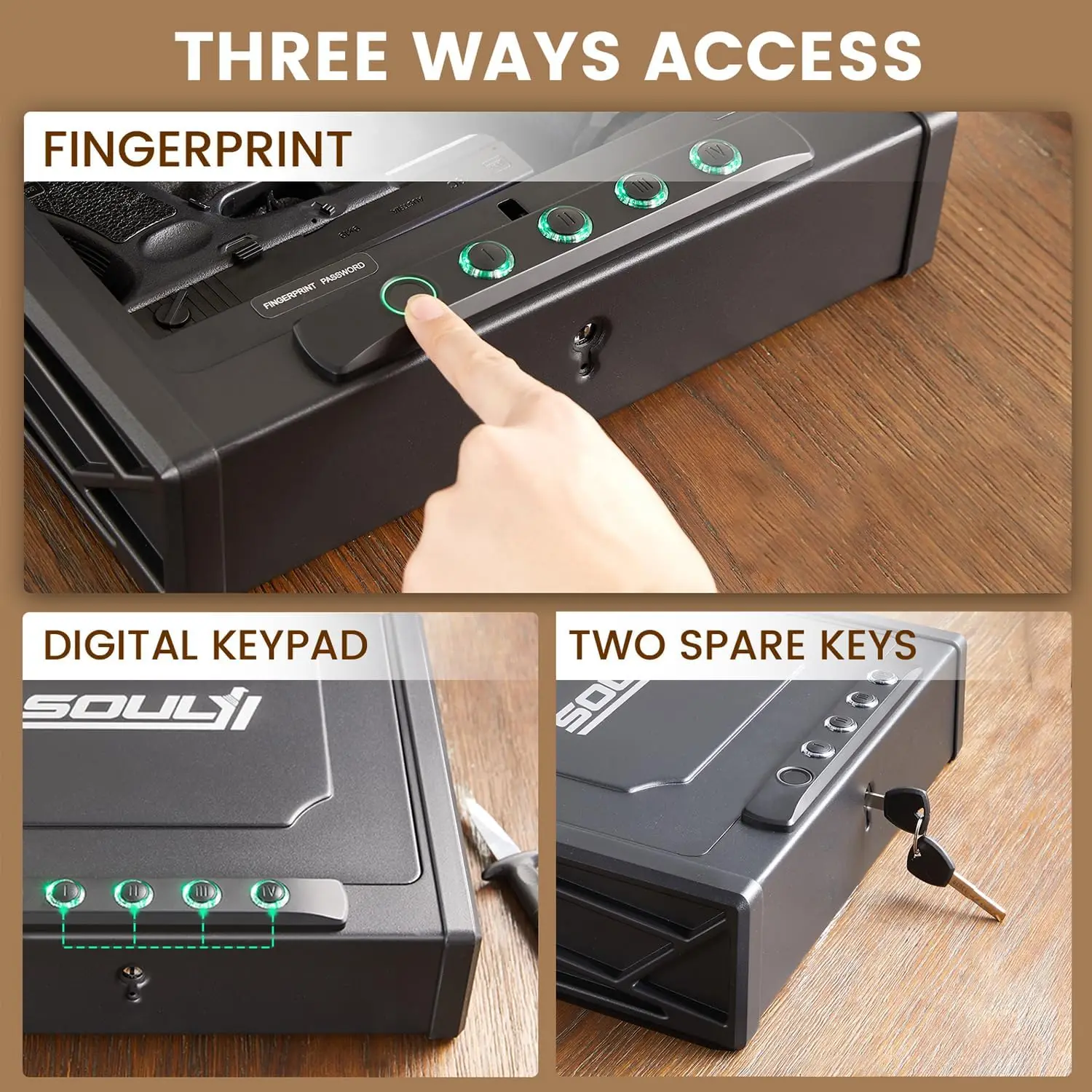 Biometric & Matt BlackBiometric or Digital Gun Safe for 3 Pistols Safe DOJ Certified with 3 Quick Access Handgun Safe,Digital Ke