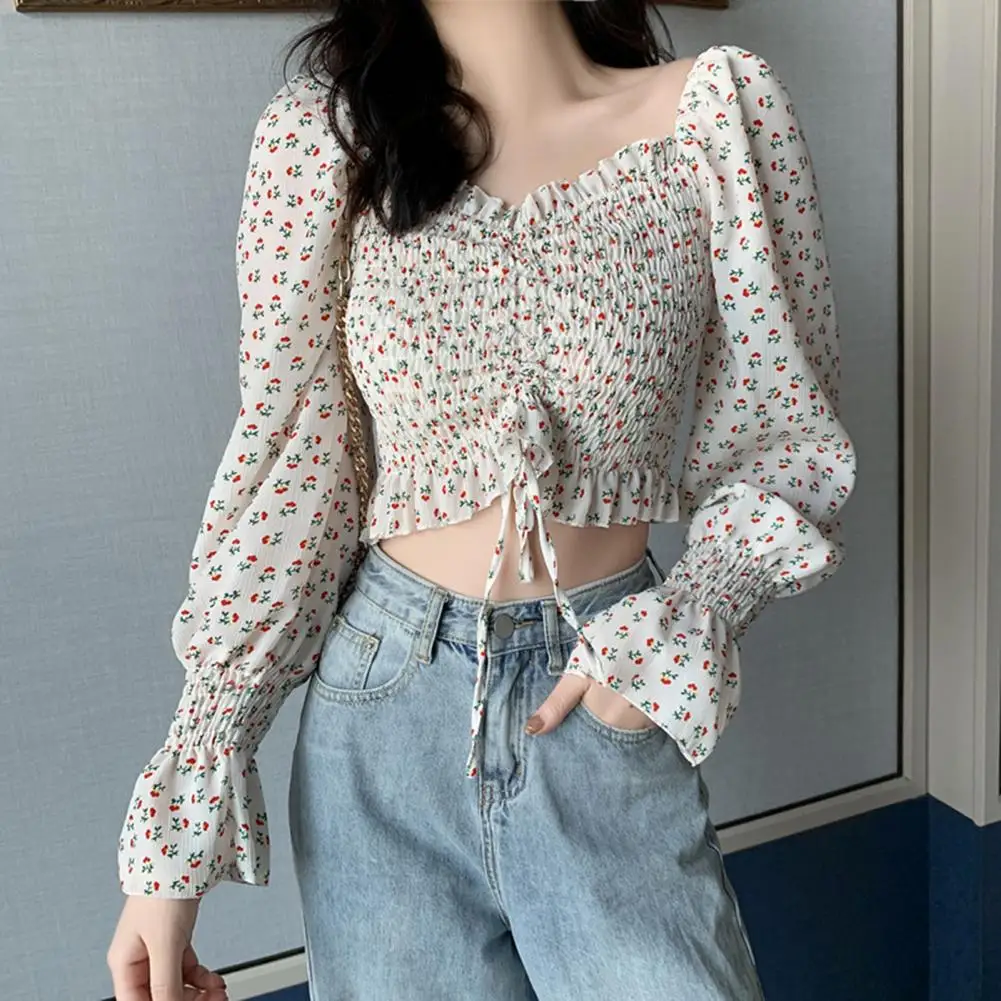 Fashion Women Shirt Square Neck All-match Skin-friendly Long Sleeve Floral Chiffon Tops