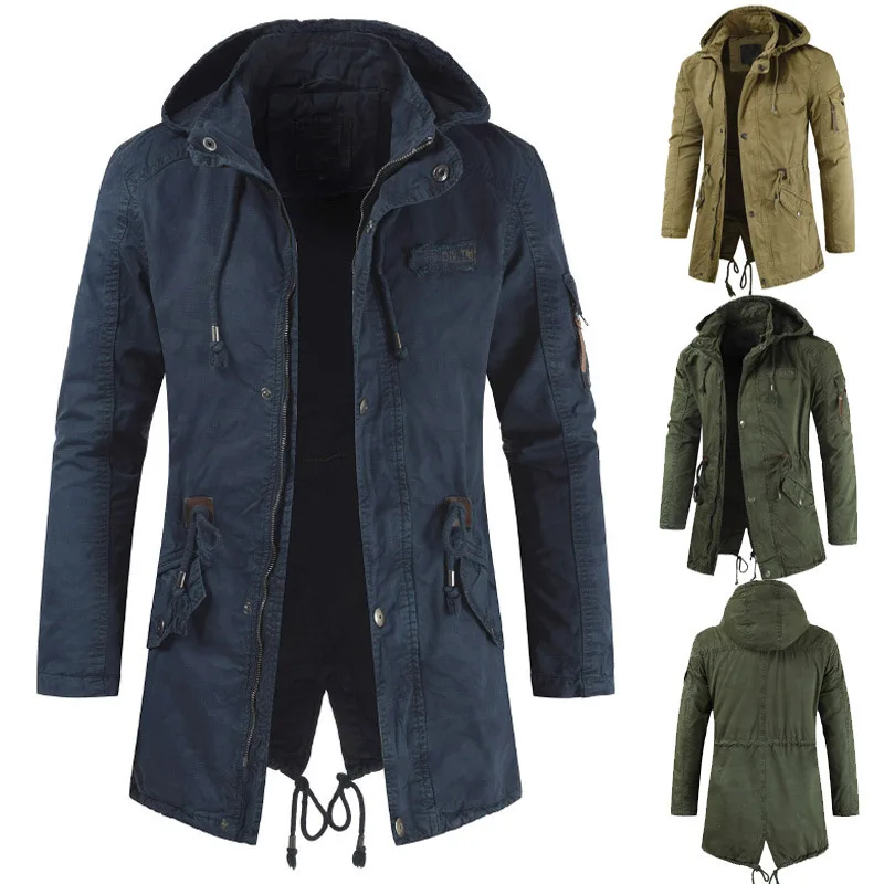 New Men's Slim Jacket Solid Color Casual Coat Hooded Medium And Long Trench Coat