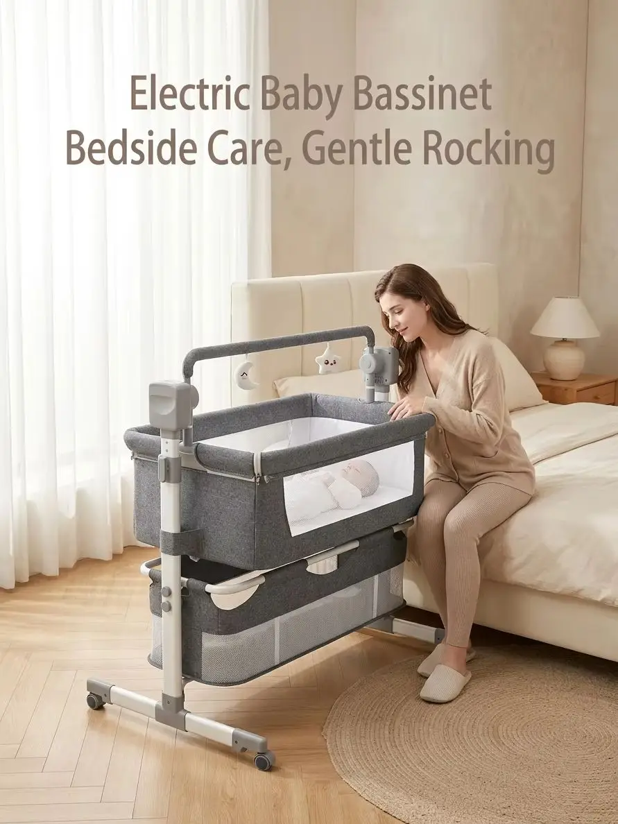 Elektrische Babywiege mit automatischer Schaukelfunktion, fünf Geschwindigkeitsstufen, Fernbedienung, Musik-Timer, Beistellbett, höhenverstellbares Babybett mit atmungsaktiver Netzmatratze, großem