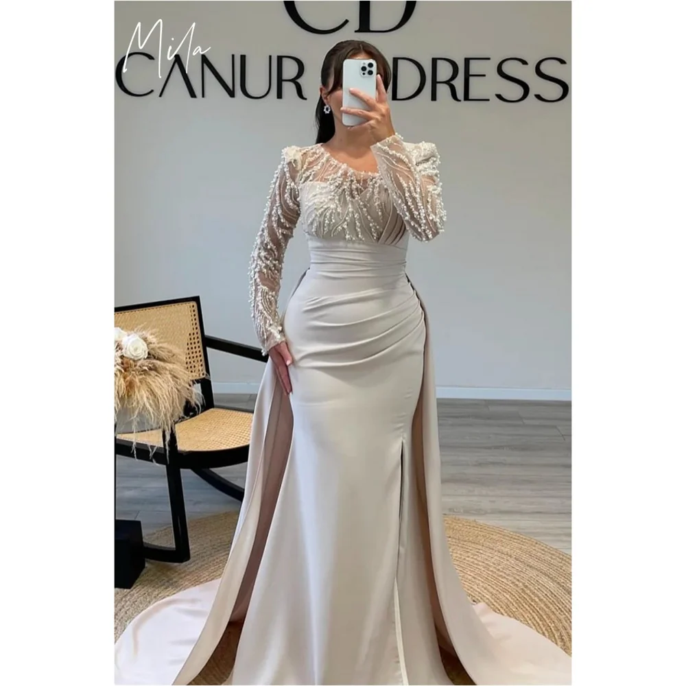 

Mila Beige O-Neck Prom Dress Long Sleeve Mermaid Customized Luxurious Women Evening Dresses Zip Court Train vestidos de fiesta
