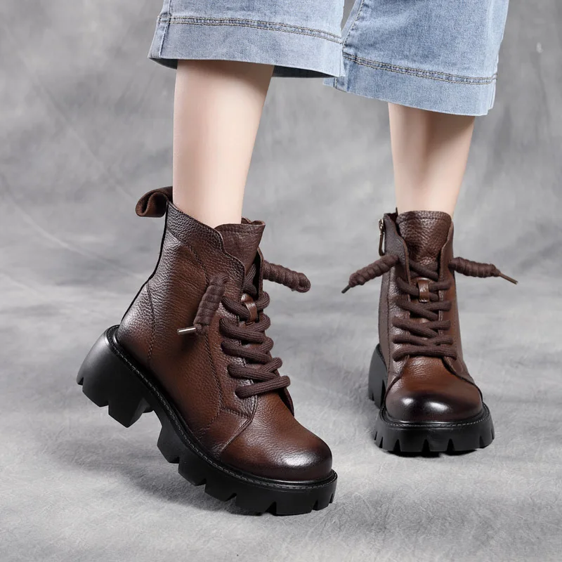 21 Autumn and Winter New Washed First Layer Cowhide Platform Thick High Heel Martin  Leather round Head Zip Ankle  Single