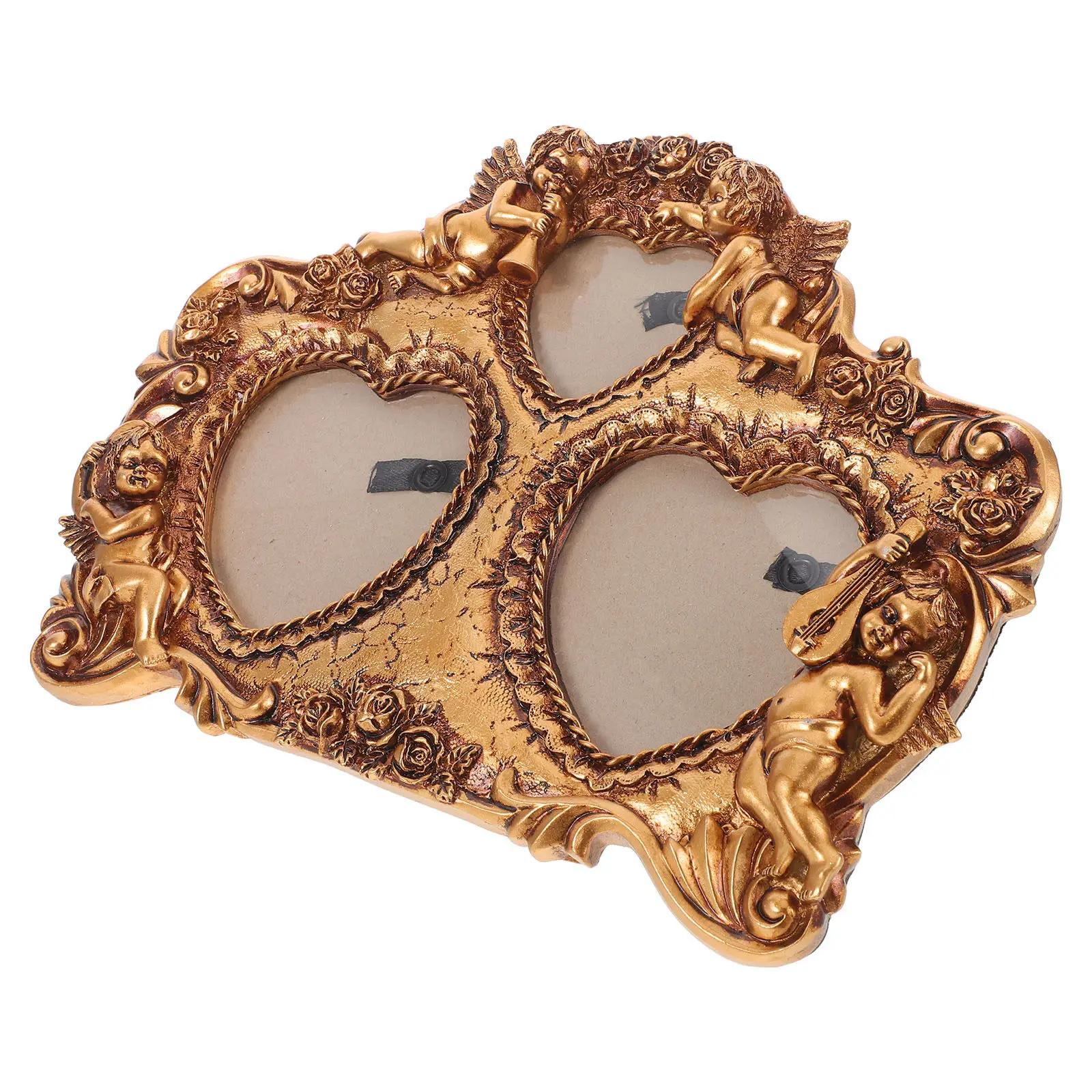 Resin Vintage Photo Frame Gold Distressed Finish Angel Embellished Ornate Design Wall Mounted Picture Holder for Bedroom Living