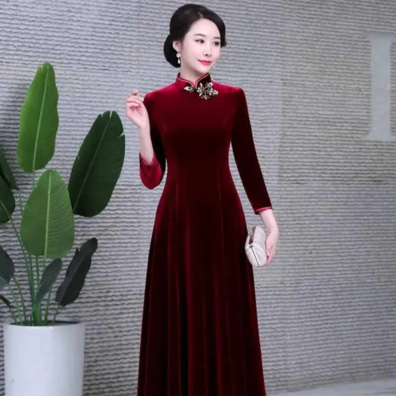 

Mandarin Collar Long Cheongsam Chinese Style Retro Calssic Qipao Dress Autumn Winter Velour Women Plus Size Evening Party Dress