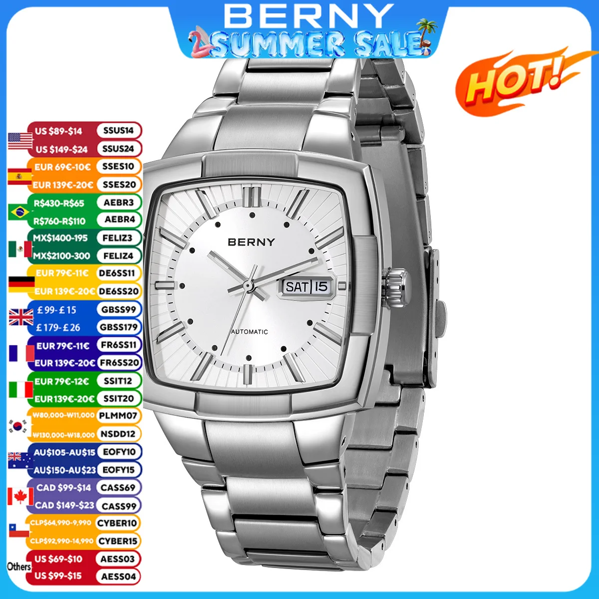 

BERNY Automatic Men's Watch Self-wind Pillow Cushion Luminous Wristwatch for Men Stainless Steel Calendar Window Watch for Men