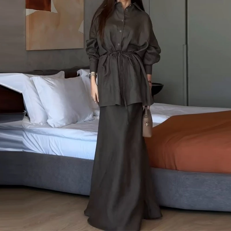 

2025 Lace-up Long-sleeved Simple Solid Color Dress Casual Two-piece Suit