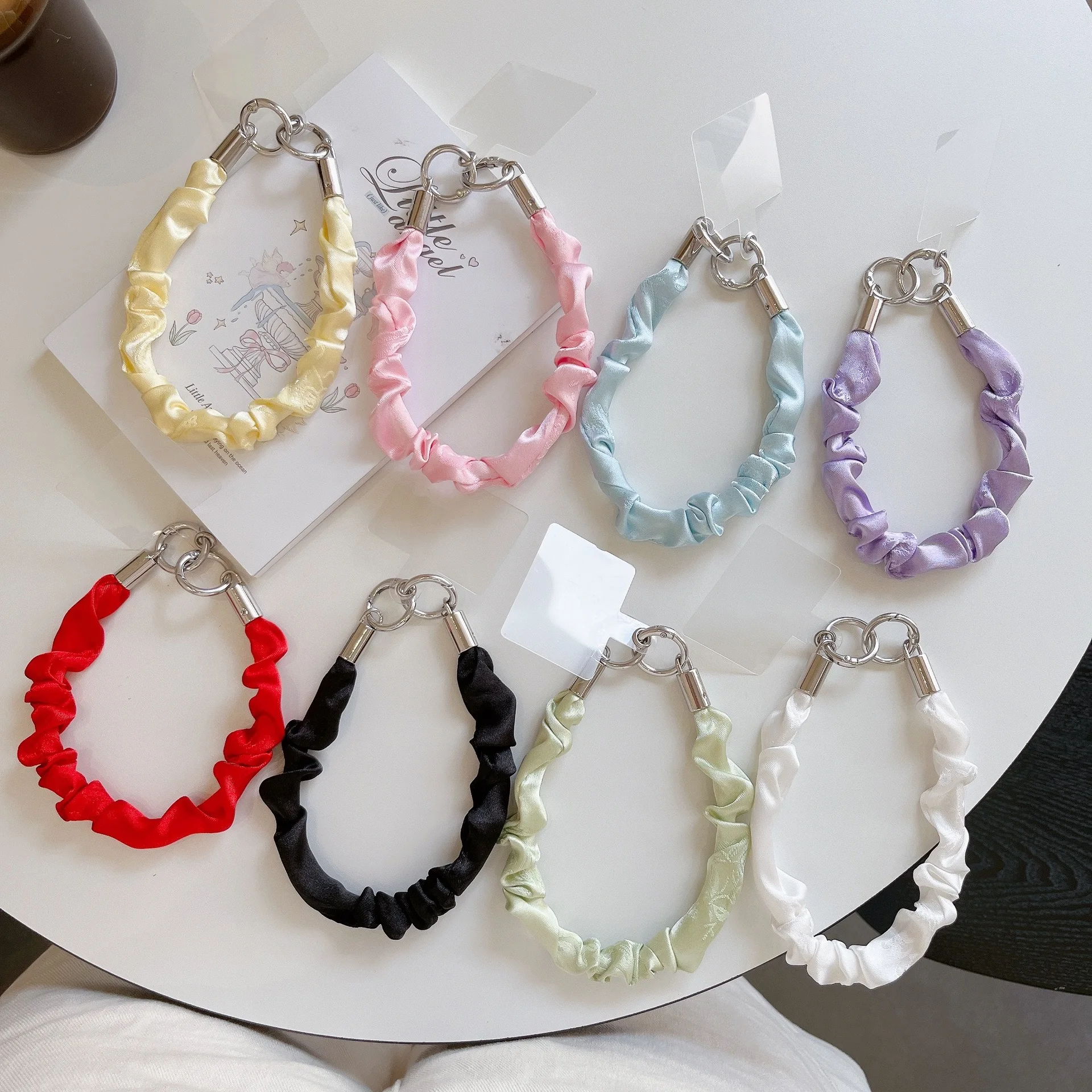 패션 주름 실크 손목 폰 끈 짧은 체인 링 코드 휴대용 분실 방지 탈부착 로프 키 체인