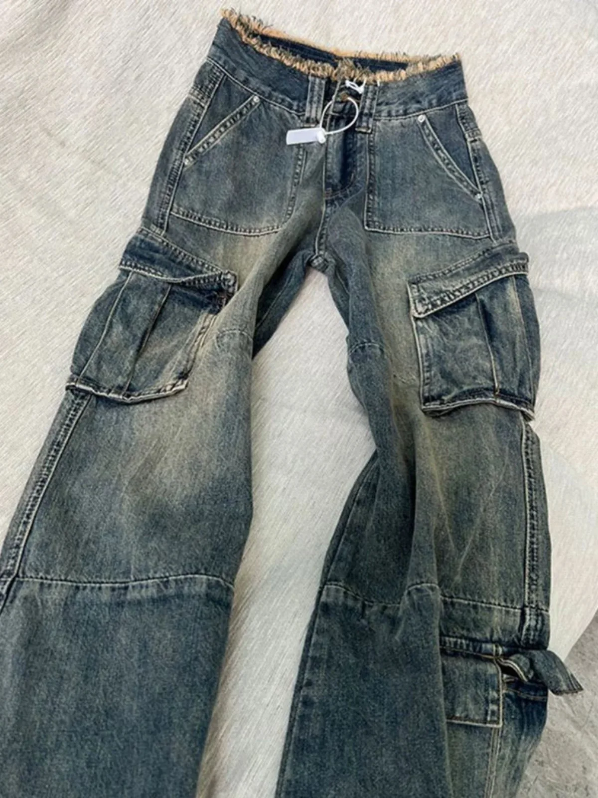 Jeans cargo vintage americani Pantaloni svasati con tasche grandi a vita alta da donna Cintura sfilacciata Streetwear Pantaloni in denim Harajuku Y2K