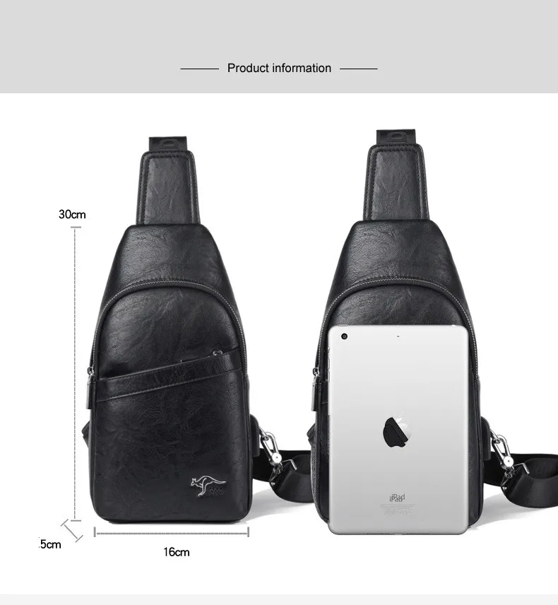 Men's Chest Bag Large Capacity PU Leather Crossbody Shoulder Bags with USB charging port Casual Trend
