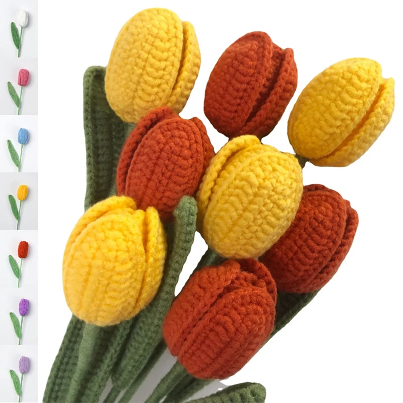 

1PC Crochet Tulips Flower Hand-knitted Artificial Flower Bouquet Fake Flower for Home Vase Decoration Christmas New Year Gifts