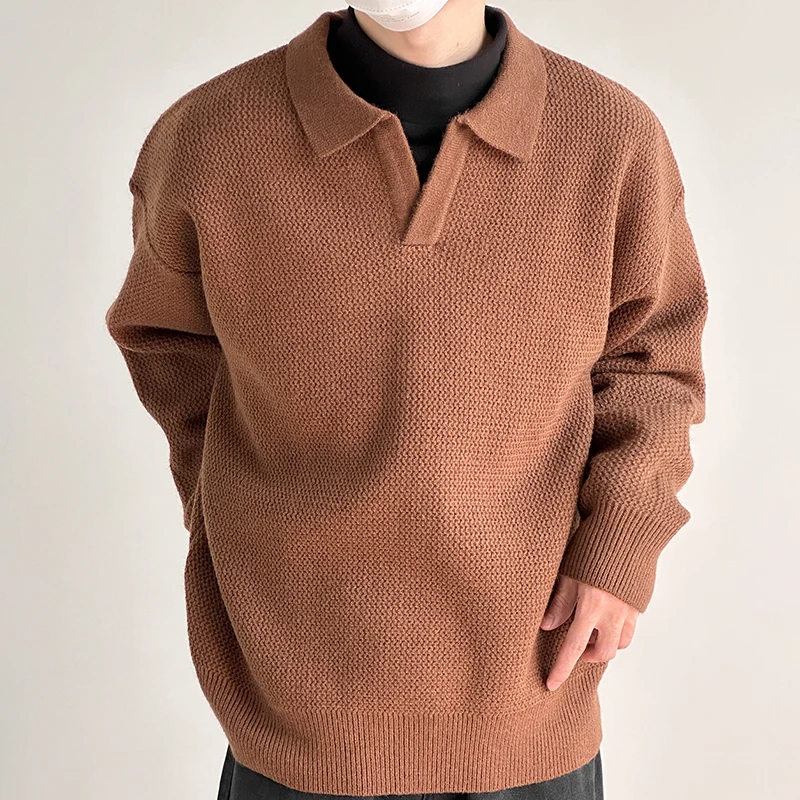 Herbst Winter Koreanischen Stil männer Revers Polo Shirts Pullover Pullover Vintage Lose Innere Layered V-ausschnitt Strickwaren Pullover Jumper – Detail 3