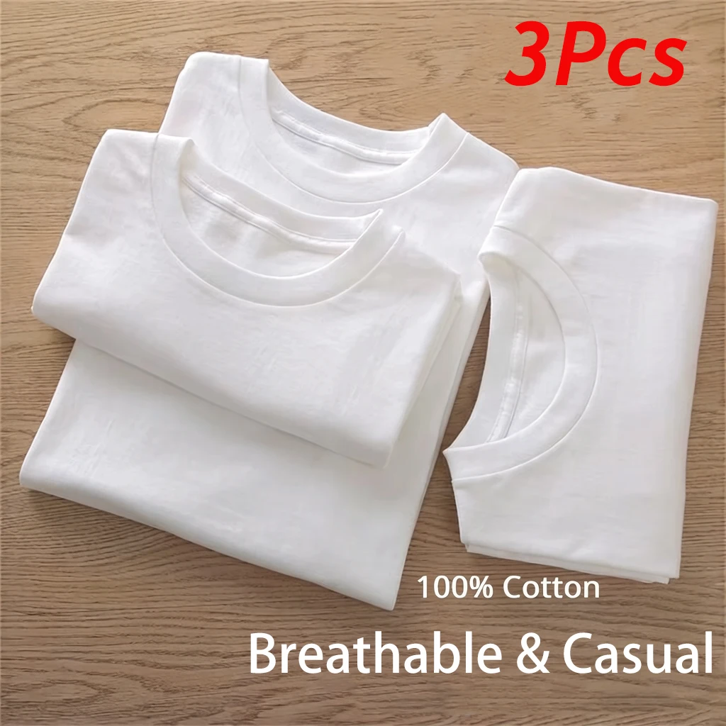 3Pcs Summer Cotton T-Shirts Sets Man All-Match Breathable Top Street Comfy Short Sleeve Loose Basic Tees Daily Sport Streetwear