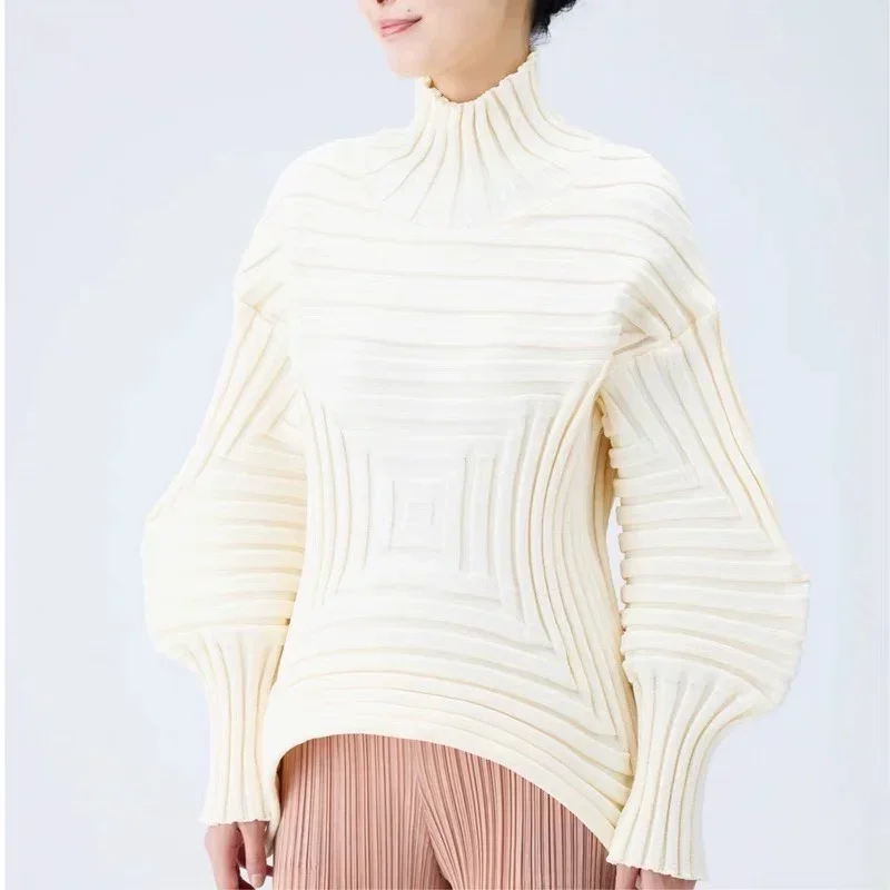 GGHK Pleated Women Knit Sweater 2025 Spring and Autumn New Solid Color Retro Original Design High Neck Long Sleeve Warm Shirt