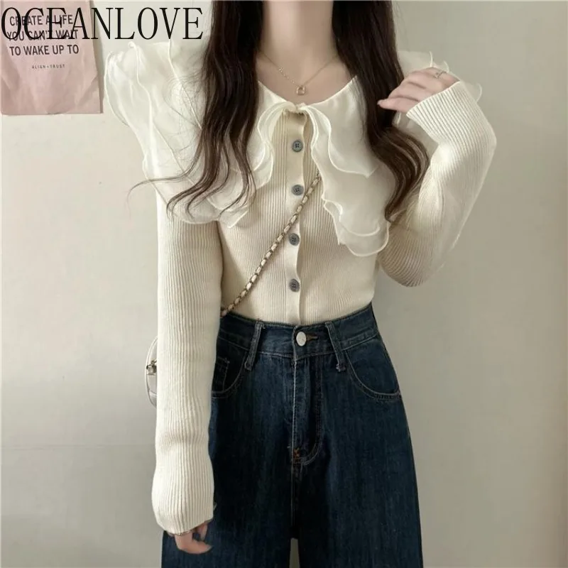 OCEANLOVE Women Cardigans Peter Pan Collar Ruffles Solid Sweet Sweaters Autumn Winter Korean Fashion Elegant Sueter Mujer