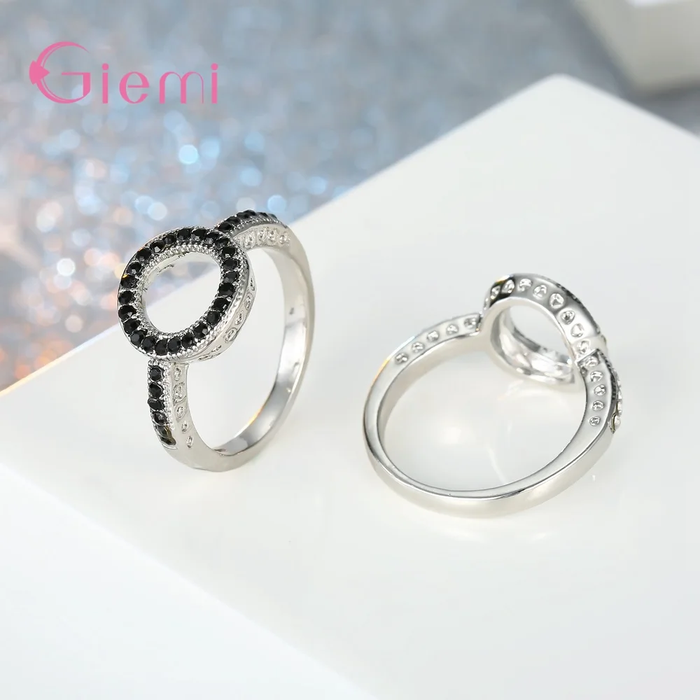 Hollow Round Ring face 925 Silver Needle CZ Black White RhinestonesEngrave Heart Gift Ring for Female Jewelry