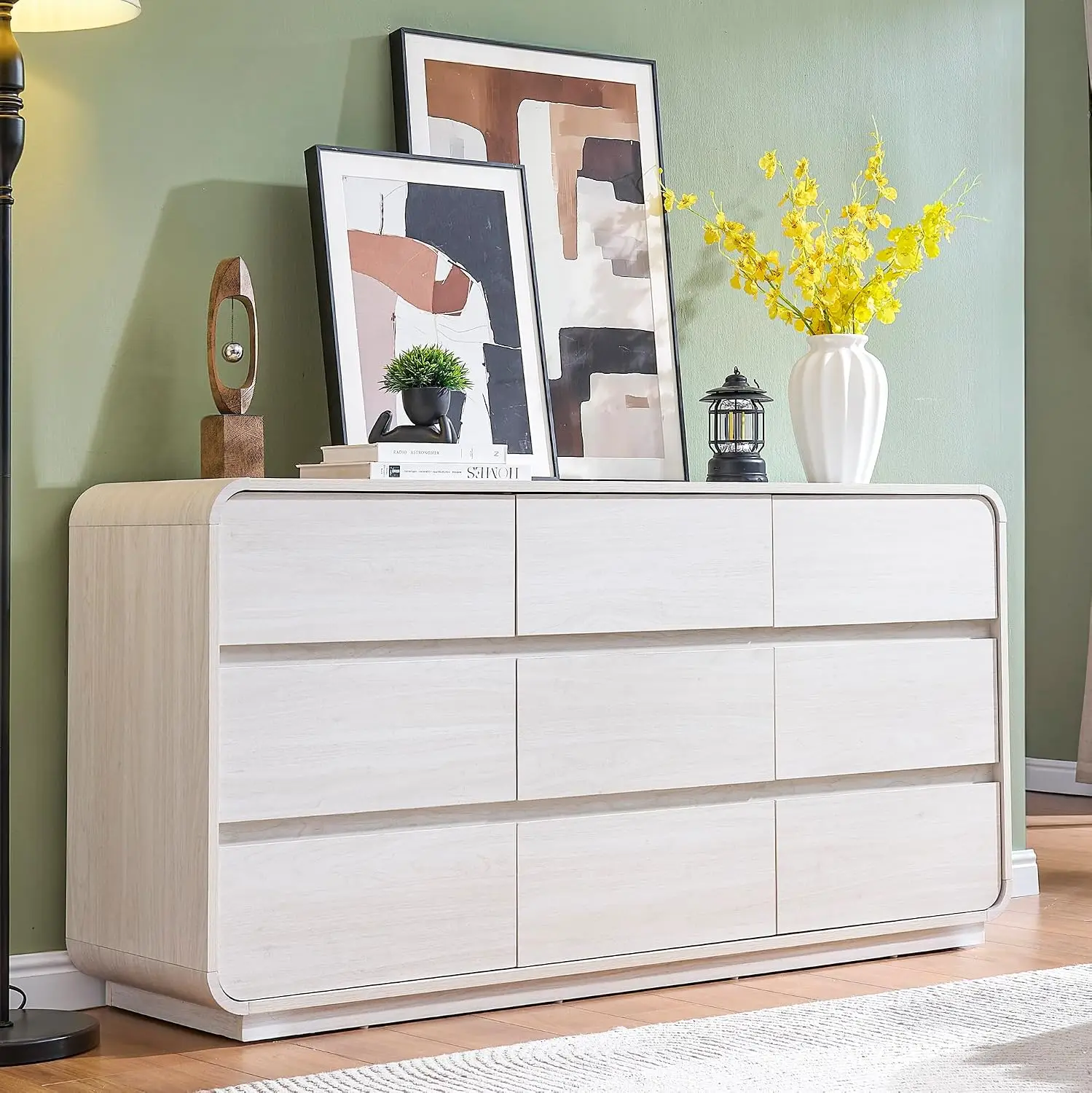 White 9-Drawer Dresser with Deep Storage, Modern Bedroom Closet Organizer, Curved Front Large Capacity 57