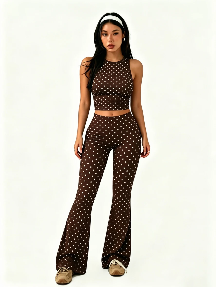 2er-Pack Y2K Damen Polka Dot 2-teiliges Set Crop Top Hochgeschnittene Schlaghose Vintage Club Tägliches Outfit – Detail 3
