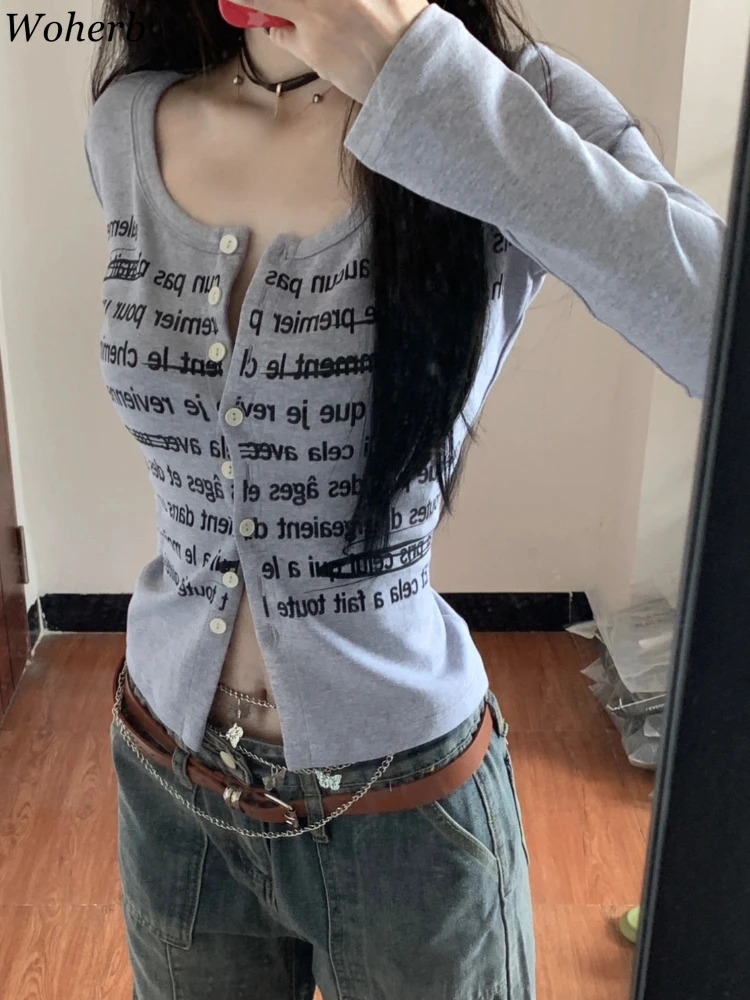 

Женский кардиган с длинным рукавом, однобортный приталенный кардиган с буквенным принтом, Y2K, осень 2024