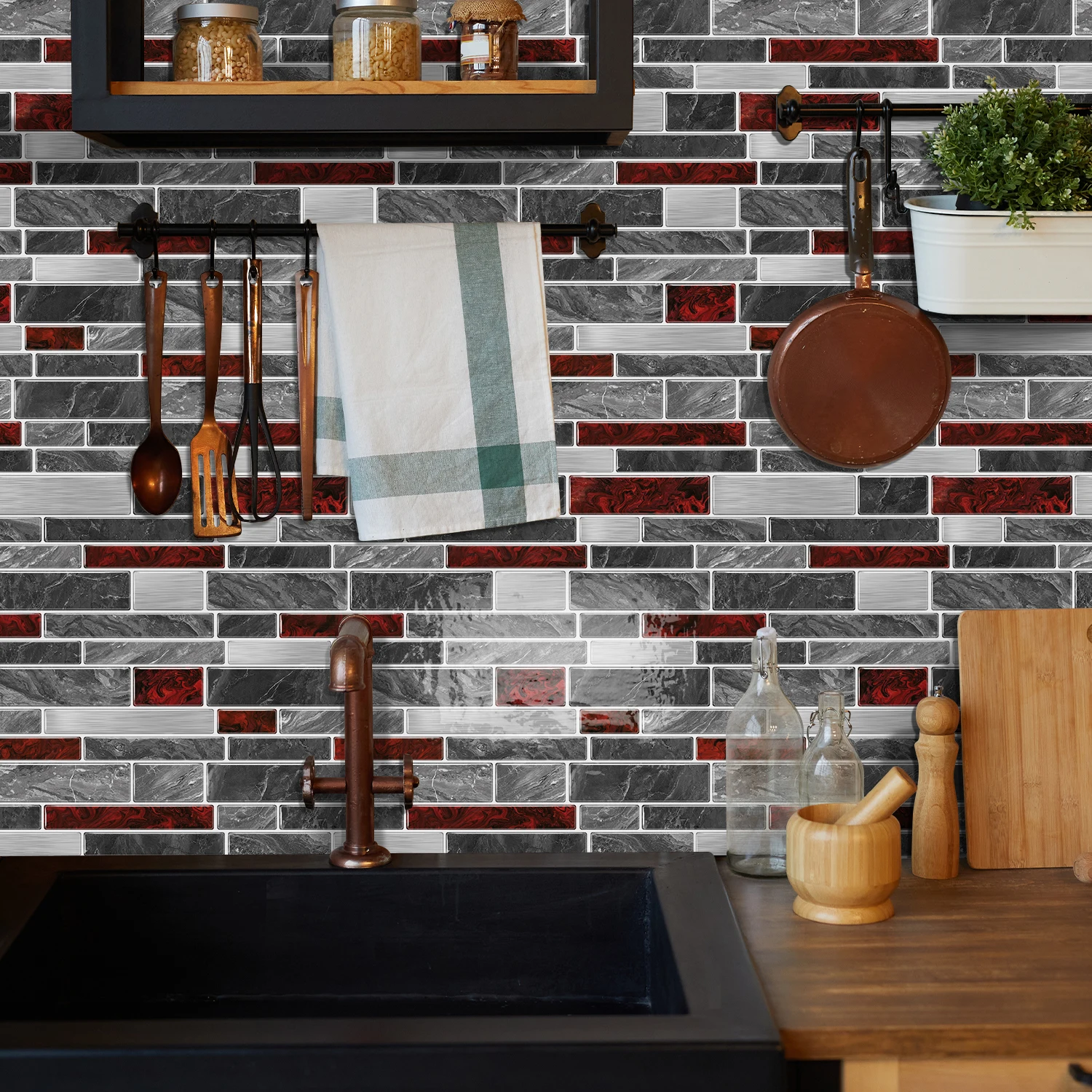Classic Black And White Tile Marble Room Decoration Kitchen Living Room Waterproof Self-Adhesive Wall Sticker Detachable 4-12PCS