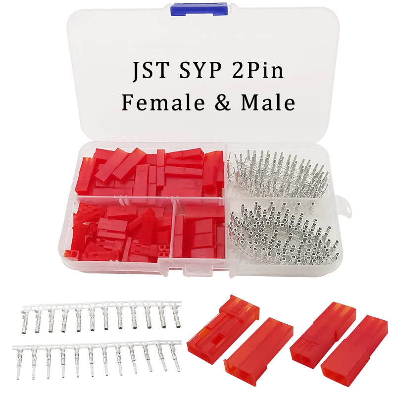 300Pcs/Box JST SYP 2 Pin Male Female Connector Kit 2.54mm Pitch JST Housing Crimp Terminal Connector For RC Lipo Battery Red