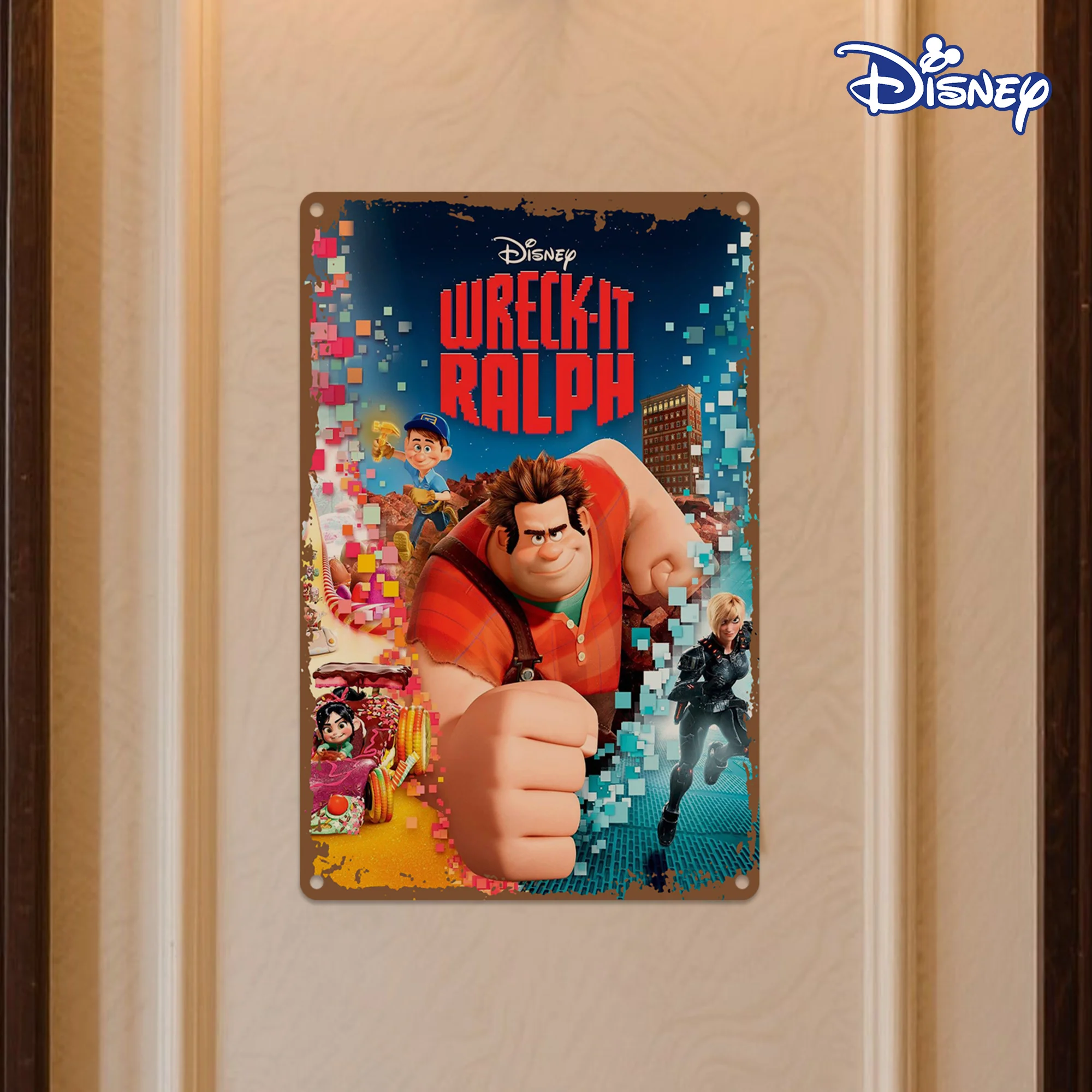 قطعة واحدة من علامة Wreck-It Ralph المعدنية المصنوعة من القصدير - 20.32 × 30.48 سم طباعة فنية نابضة بالحياة مع شخصيات مميزة، موضوع الحركة، مثالية لـ Home Deco