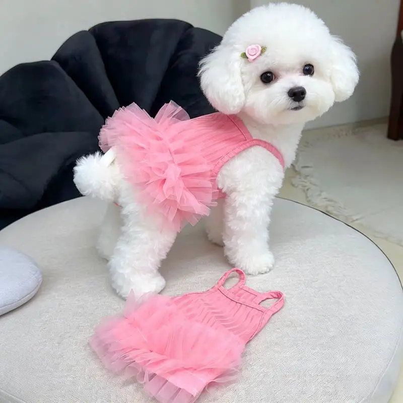 Robe tutu rose pour chien, jupe en maille sans manches, tenue d'été mignonne pour petits chiens Bichon