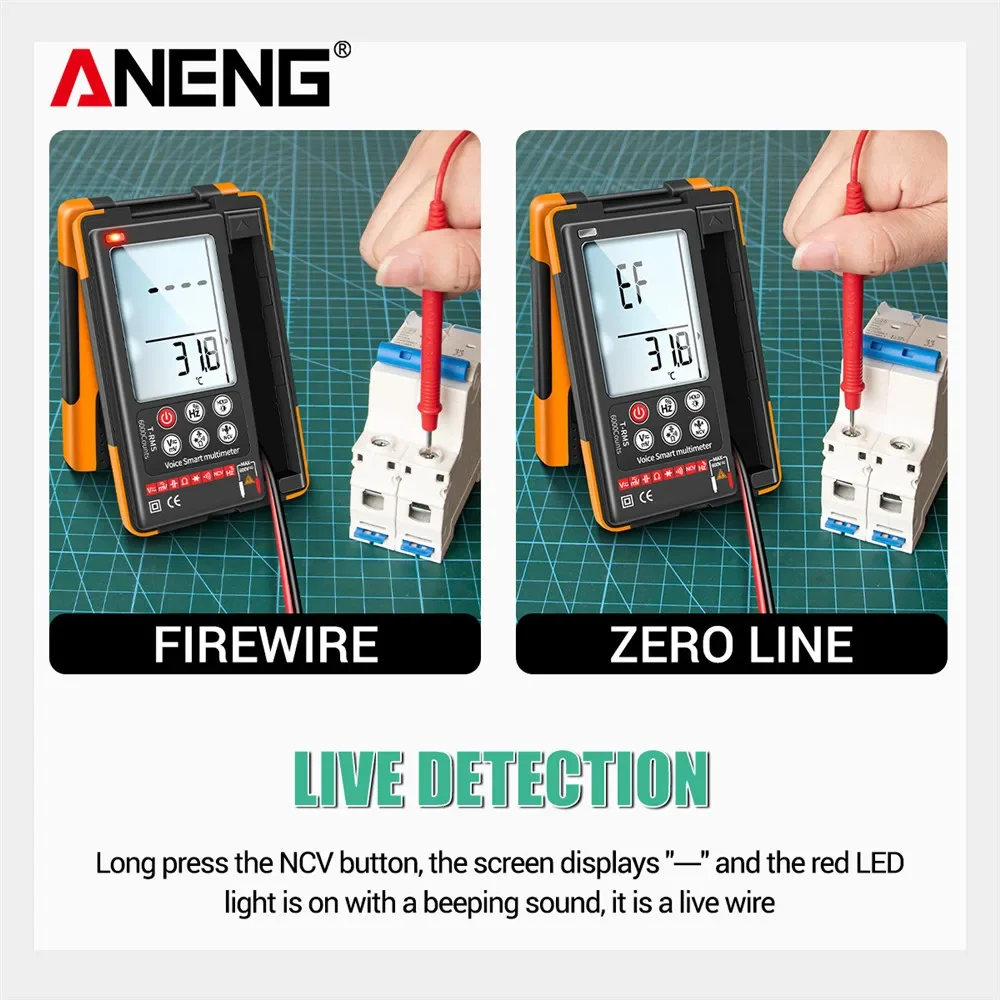 Imagem -06 - Modelo Aneng Q60s Profissional Digital Inteligente Multímetro de Controle de Voz Auto-range 6000 Contagens True Rms Eletricista Multifunction Tester Instrumentos Elétricos ac dc Voltimetro Multímetros Multimeter Novo