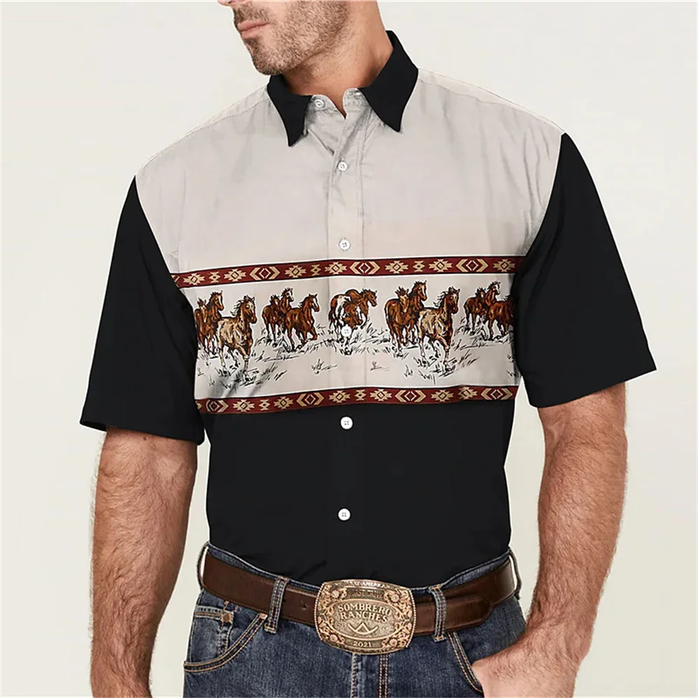 Camisa occidental para hombre, estampado de gráficos de animales, retro, negro, calle al aire libre, manga corta, ropa de calle de moda, diseñador informal