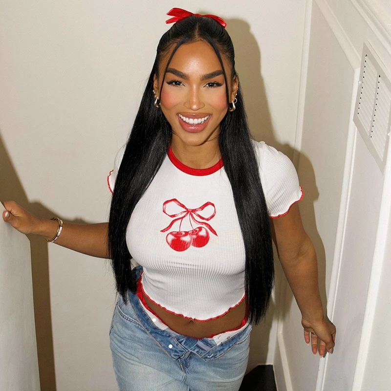 Women's t-shirt summer 2025 trend new crop top girls Cropped cuteore cherry Printed graphic casual tops tight Short sleeve tee
