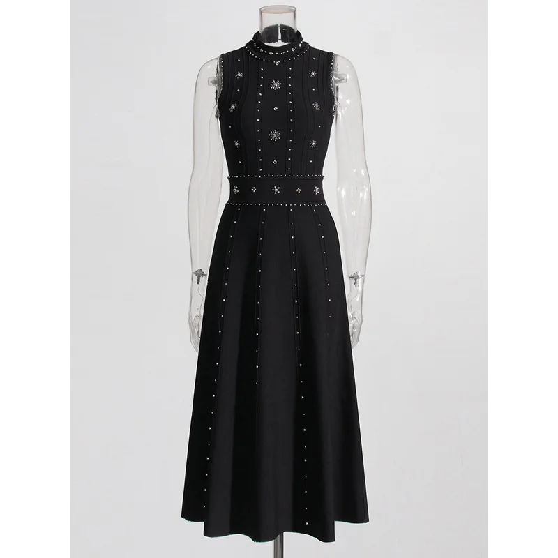 Dames mouwloze jurk met opstaande kraag 2025, zware parels, kralen, slanke, elegante lange rugloze gebreide trui, pulloverjurk