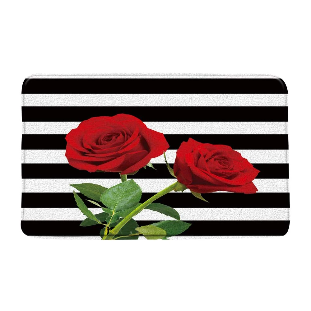 Red Rose Bath Mats Anti-Slip Wine Floral Foot Pad Valentine\'s Day Bedroom Doormat Kitchen Pastoral Flower Carpet Floor Rug Home