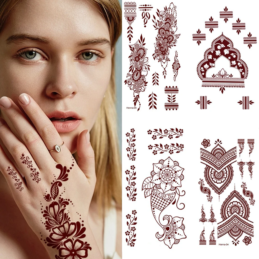 Mehndi 주홍색 레이스 섹시한 트랜스퍼 문신, 바디 아트 묘사에 적합, 손가락 허리 쇄골 임시 문신 스티커, 1PC