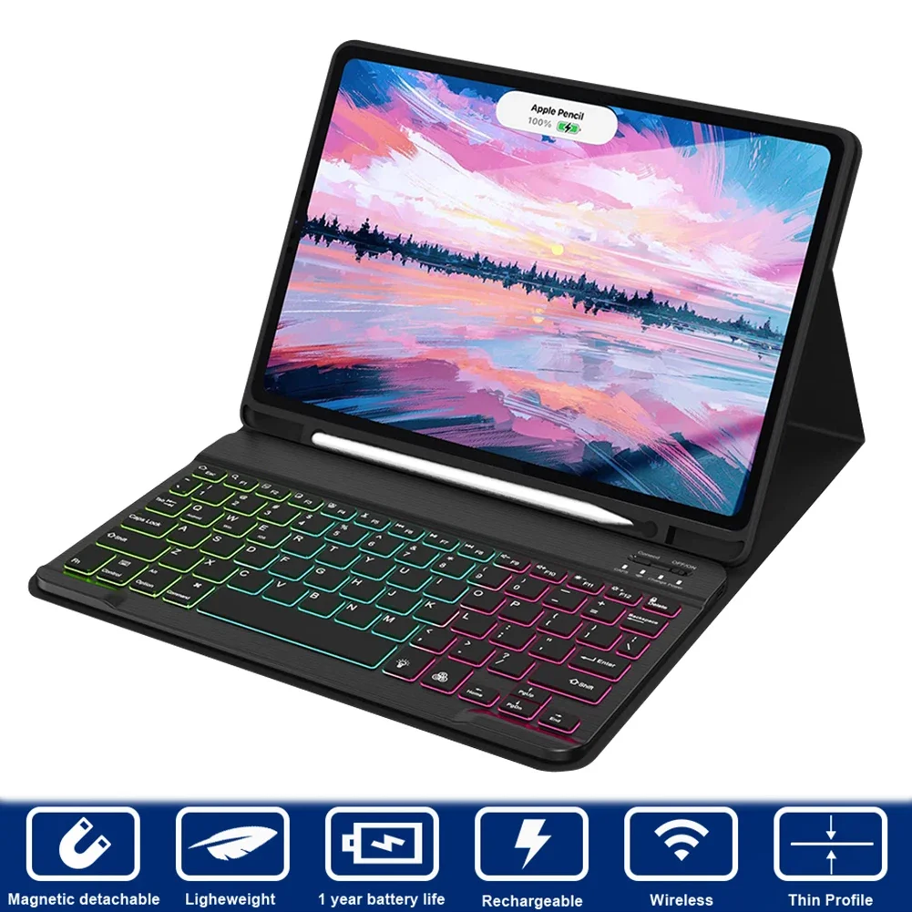 Keyboard Case for iPad Pro11 2024 7 Color Backlight Tablet Case Bluetooth-Compatible 3.0 Fully Landscape Stand Wireless Keyboard