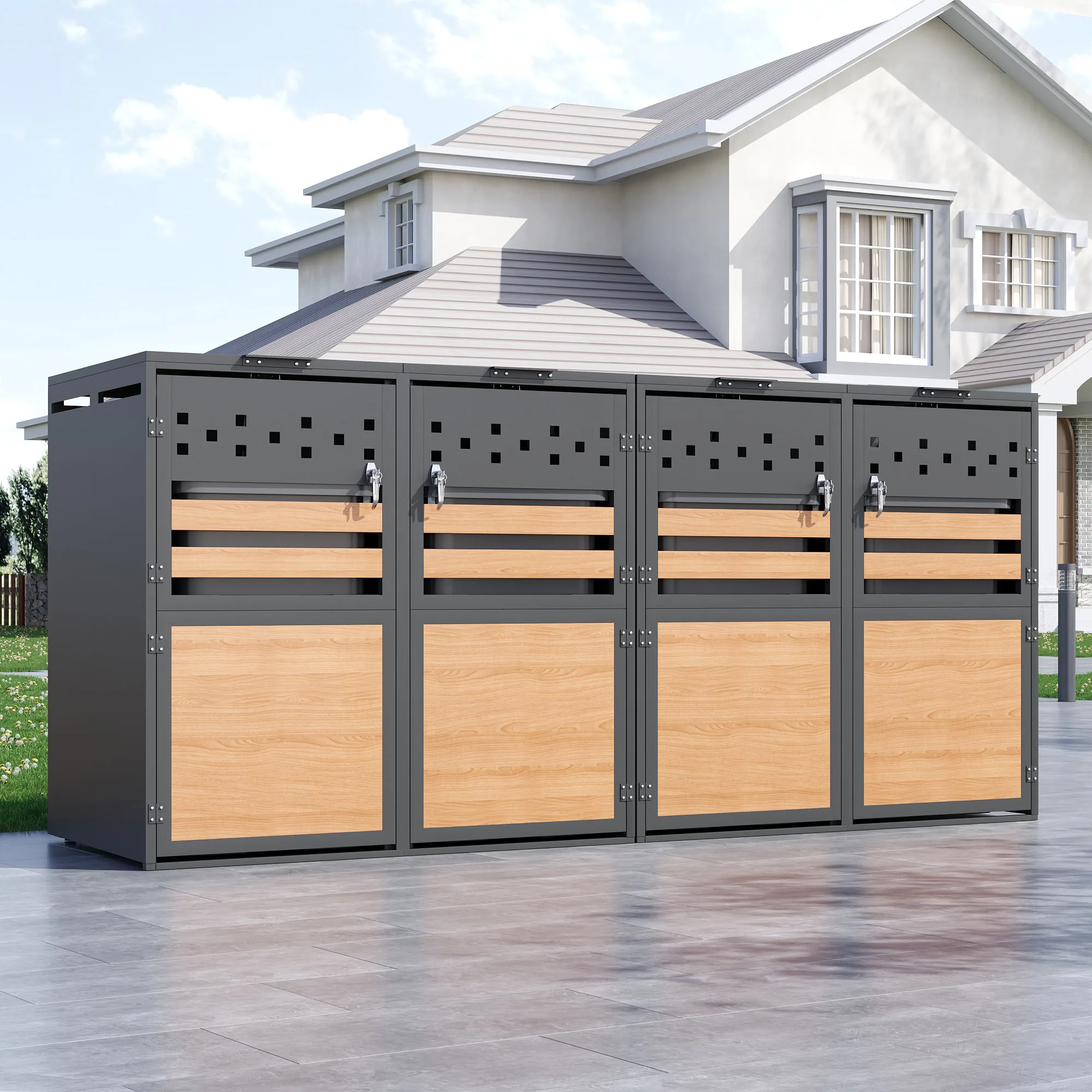 Armoire de rangement pour poubelle à 4 portes verrouillable avec couvercle hydraulique, en acier galvanisé, résistante aux intempéries et antirouille, pour extérieur, avec ventilation, design grain de bois horizontal