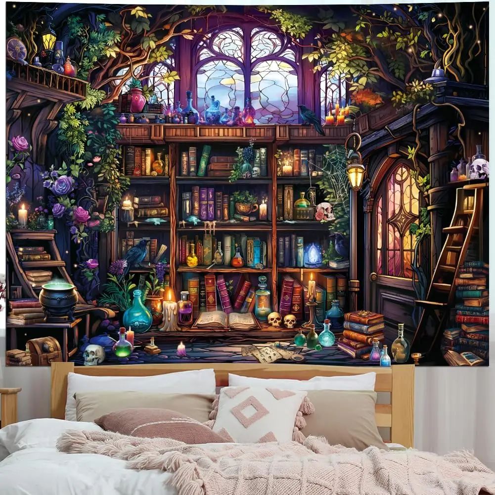 Magic Bookshelf Tapestry Witchy Library Tapestry Fantasy Fairy Treehouse Wall Tapestries Magical Book Skull Bookcase Tapestries
