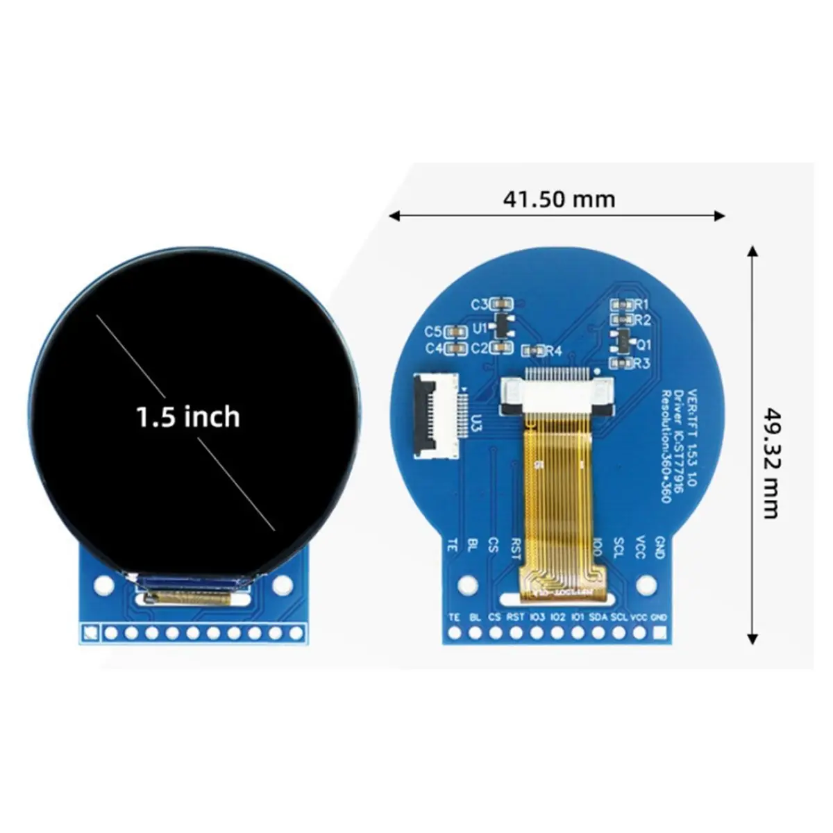 ABGN 1.5 Inch TFT LCD Color Round Screen Module IPS 11Pin 360x360 ST77916 QSPI 3V-5V Wide Viewing Angle for DIY Electronics