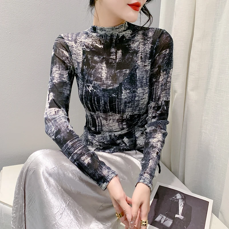 MadBlack 섹시 여성 모크넥 프린트 탑, 긴팔 슬림 불규칙 티, 유럽 의류, 가을 겨울 T40611CC