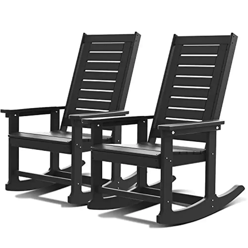 Outdoor Garden Rocking Chair Set of 2 HDPE Plastic Black High Back Oversized Rockers Tall Ladder Back Porch Patio Furniture