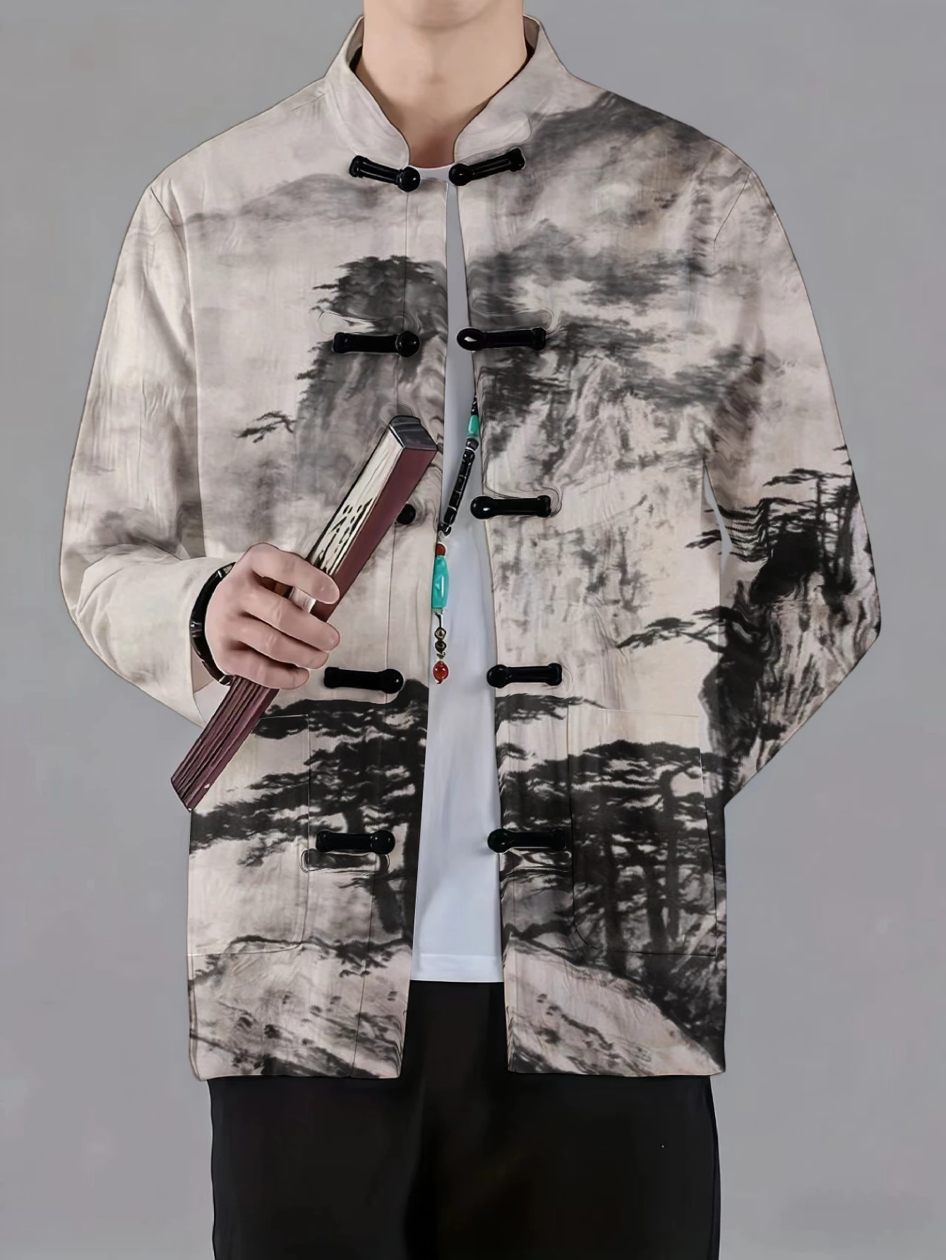 Craft And Art Difference - เสื้อแจ็คเก็ตผู้ชายคอจีน กระดุมแบบกบ แขนยาว ลายพิมพ์ศิลปะภาพวาดหมึกจีนลายวิวทิวทัศน์และพืชพรรณ สไตล์เสื้อโค้ทแบบดั้งเดิม