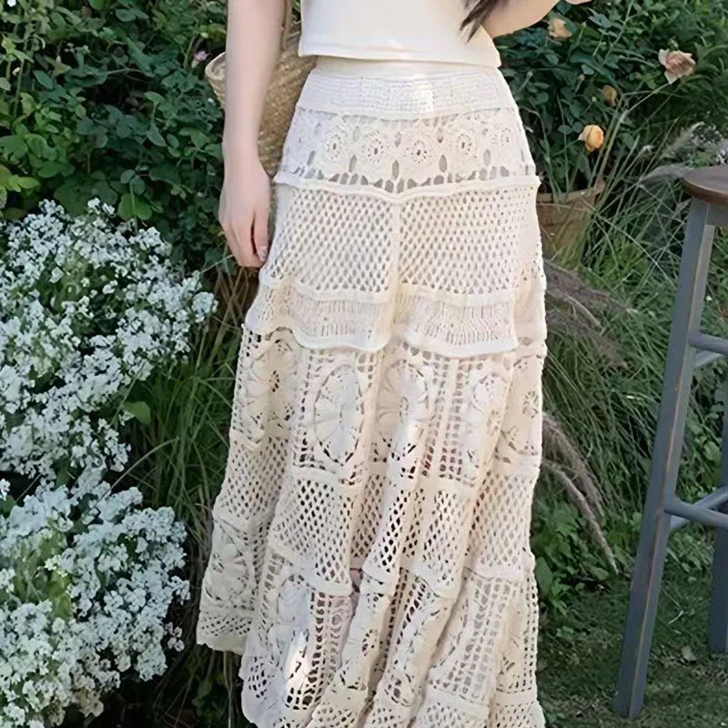 Boring Honey New Chic Hook Knit Lace-Up A-Line Skirt  Unique Versatile Design  Women's Everyday Wear All-Match Thin Skirt Women