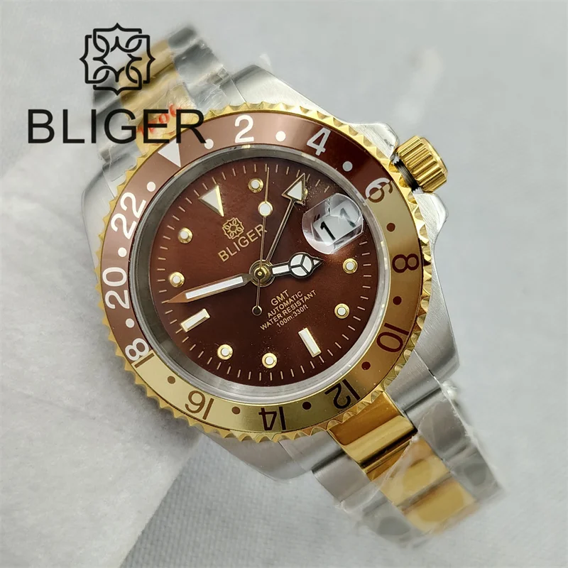 BLIGER Luxury Two-tone Rootbeer GMT Watch For Men NH34A Movement 40mm Yellow Gold Case Sapphire Glass Brown Dial Green Luminous