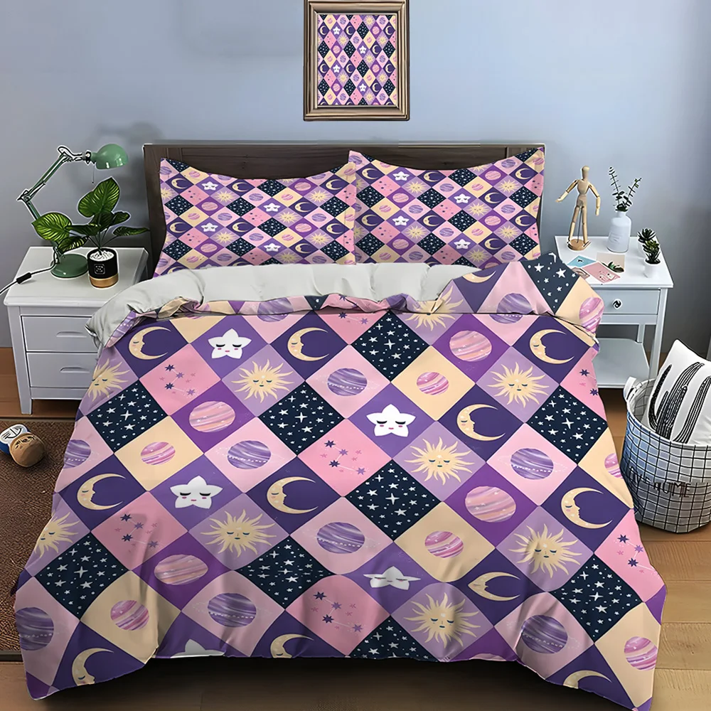 Chessboard Pattern with Stars and Planets Bedding Set for Kids Luxury Gift 3pcs Digital Print Comforter Set Soft Comfortable