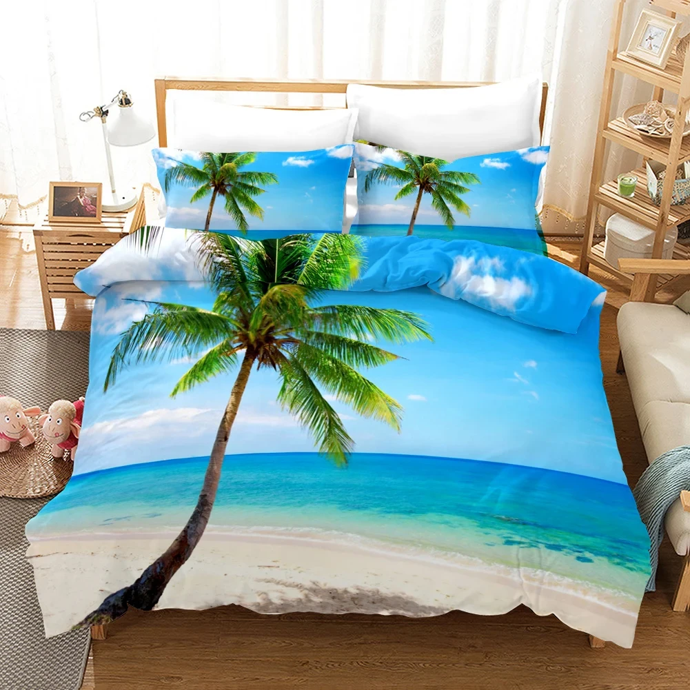 

Beach Duvet Cover Set Polyester Tropical Island with The Palm Tree and Sea Beach Nature Theme Double Queen King Size Quilt Cover