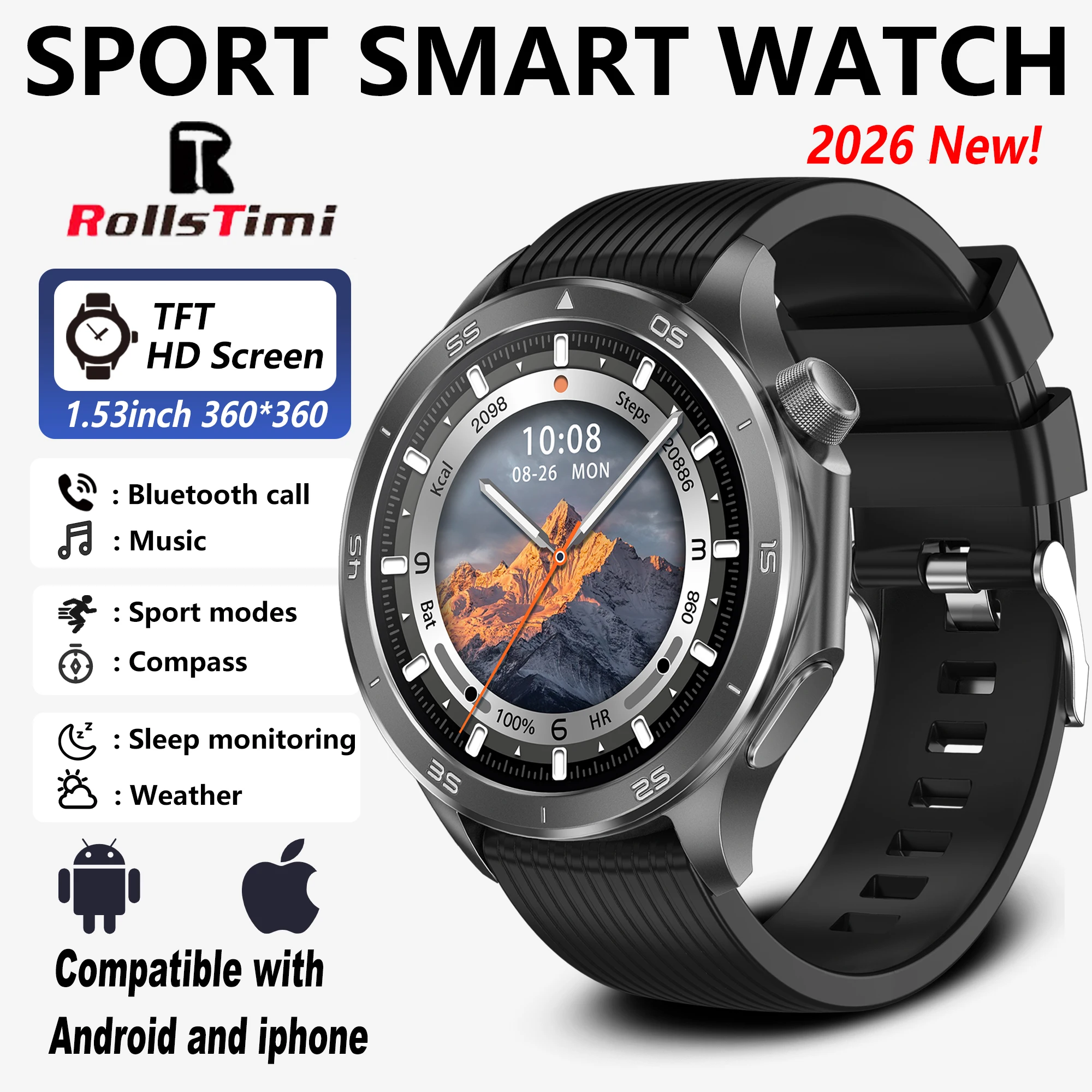 

2026 новые умные часы поддерживает Bluetooth-вызовы, компас, GPS-трек движения, мониторинг здоровья, голосовой помощник