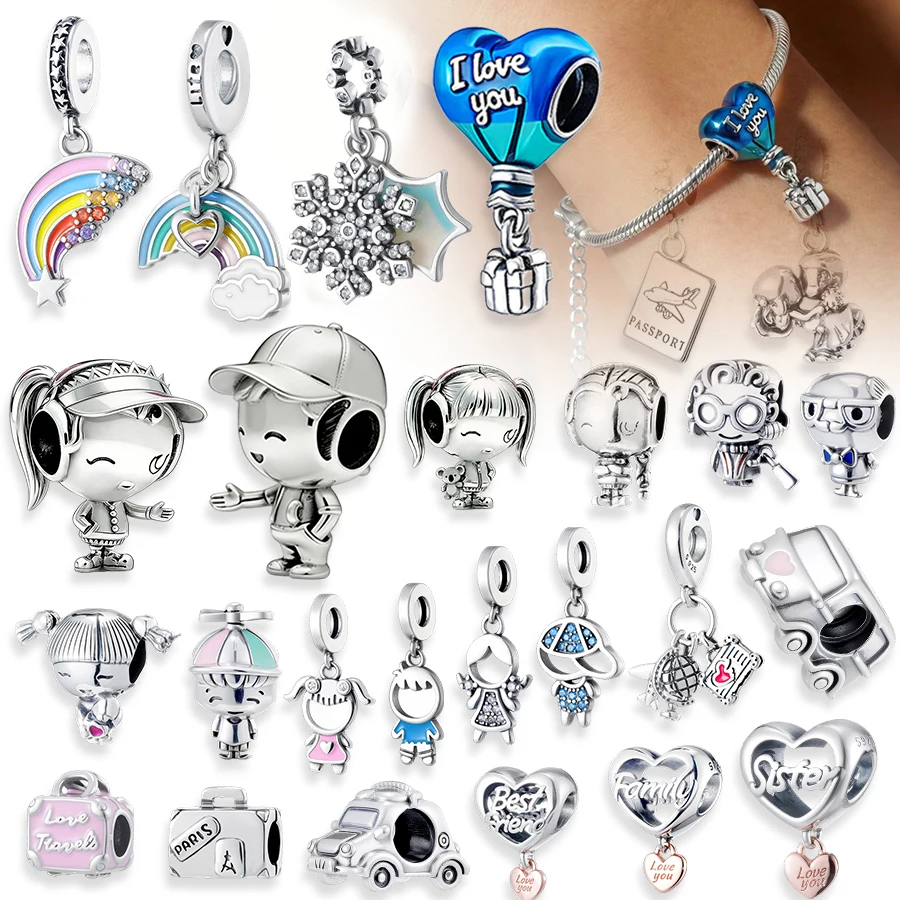 

Hot Sale 925 Sterling Silver Rainbow Hot Air Balloon Family Love Heart Bead Charms Fit Original Bracelets DIY Jewelry Gift