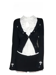 Sweet Heart Hollow out Knitted Shirt Women's Waist Cinching Black Top with A-Line Skirt Fashionable Three Piece Set