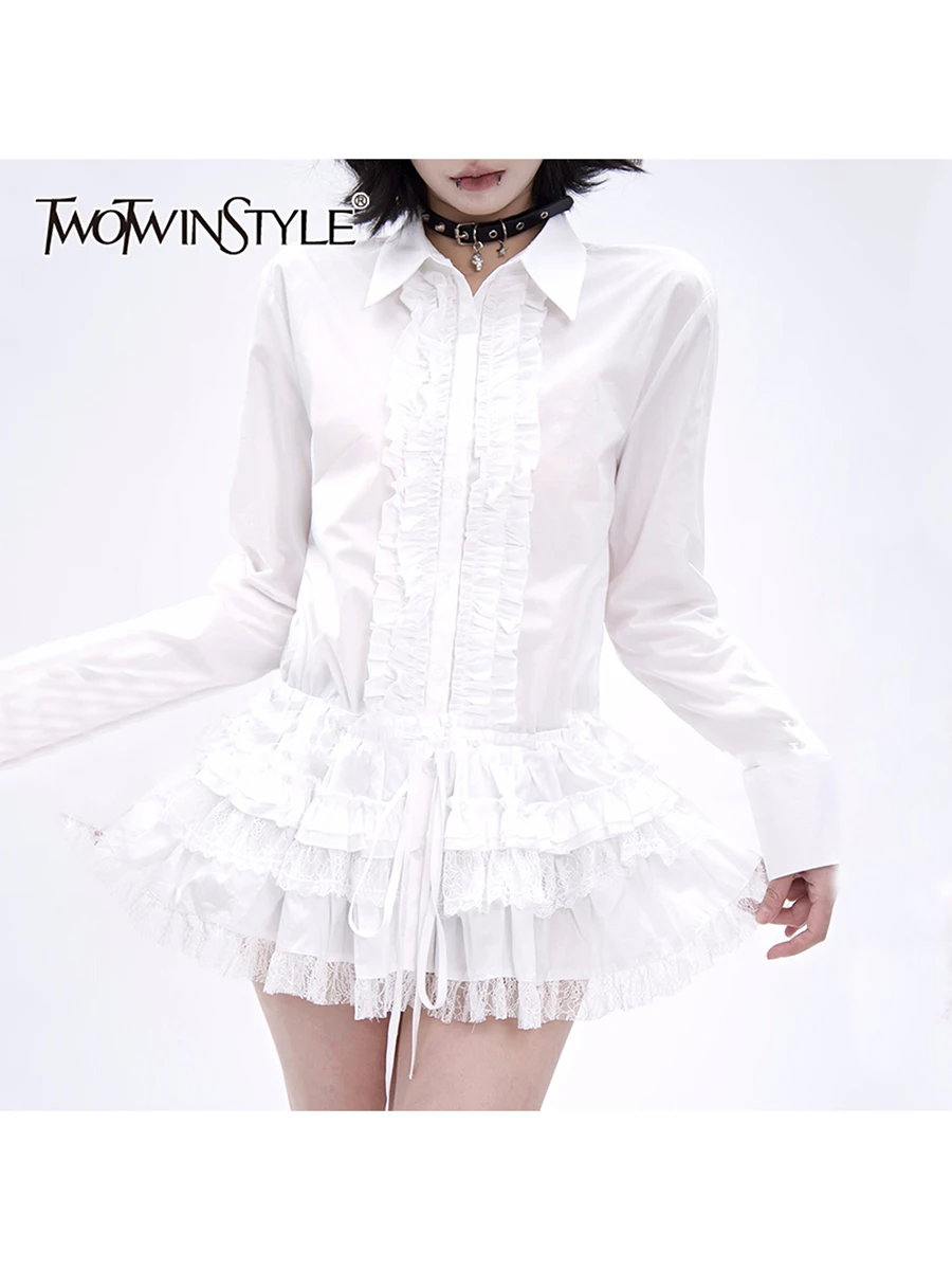 

TWOTWINSTYLE свободные сращенные оборки со складками модные рубашки для женщин с лацканами и длинными рукавами лоскутная однобортная рубашка женская новая