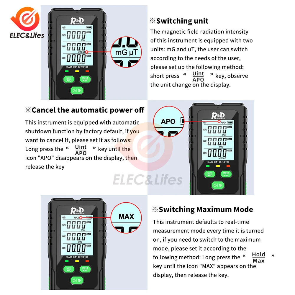 RD630 Electromagnetic Field Radiation Detector Tester EMF Meter Multifunctional Handheld Portable Radio Frequency Warn Meter