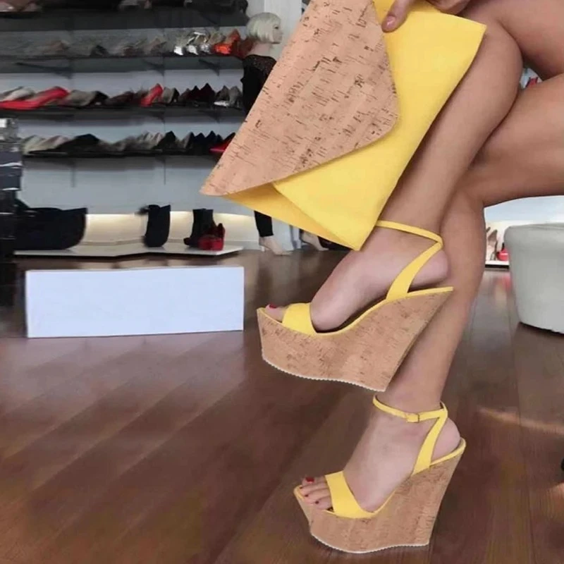 

Women's Open Toe Double Strap Ankle Buckle Cork Platform Super High Wedge Heel Sandals Summer Beach Vacation Casual Footwear