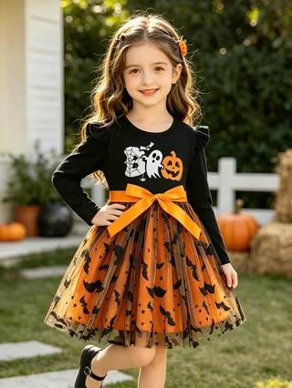 Halloween-Kleid für Mädchen mit langen Ärmeln, Geister- und Kürbis-Print mit Schleife, Fledermaus-Tüllrock, Kinder-Partykostüm – Detail 4